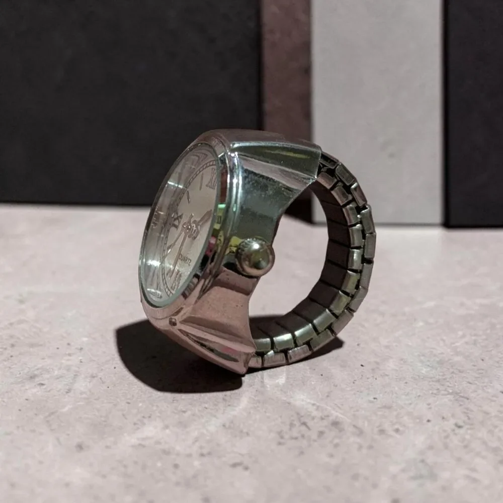 Silver Tone Quartz Ring Watch, Stretch Band, Retro Statement Jewelry